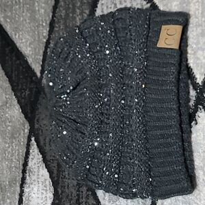 C.C EXCLUSIVE SEQUINS MESSY-BUN PONYTAIL KNIT BEANIE STOCKING HAT
